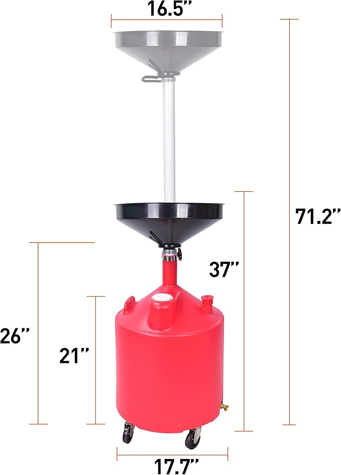 PONO Portable Waste Oil Drain Tank 18 Gallon with Steel Waste Oil Container, Adjustable Funnel Height, Oil Changing, Oil Dolly for Car Fluid Fuel Transfer Drainage
