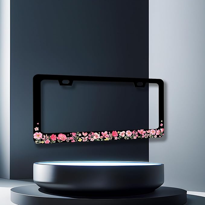 Pink Flowers License Plate Frame Colorful Floral Flower License Plate Stainless Steel Women Accessories Cars Decor 12.2 X 6.2 Inch with 2 Holes and Screws Fits Standard Us Ca Vehicles