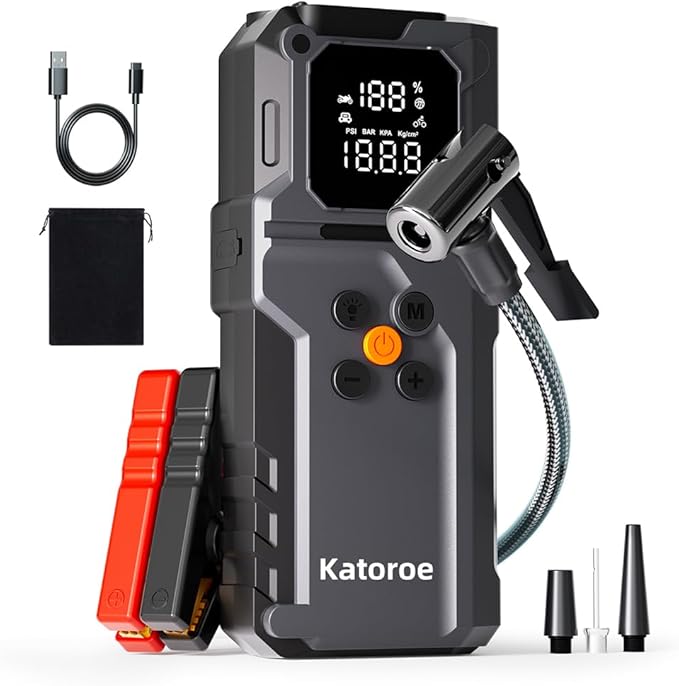 Jump Starter with Air Compressor, 4000A Jump Starter Battery Pack with 150PSI Tire Inflator, Portable Air Compressor, 12V Jump Starter for 9.0L Gas 7.0L Diesel Engines, Jumper Cables, Flashlight