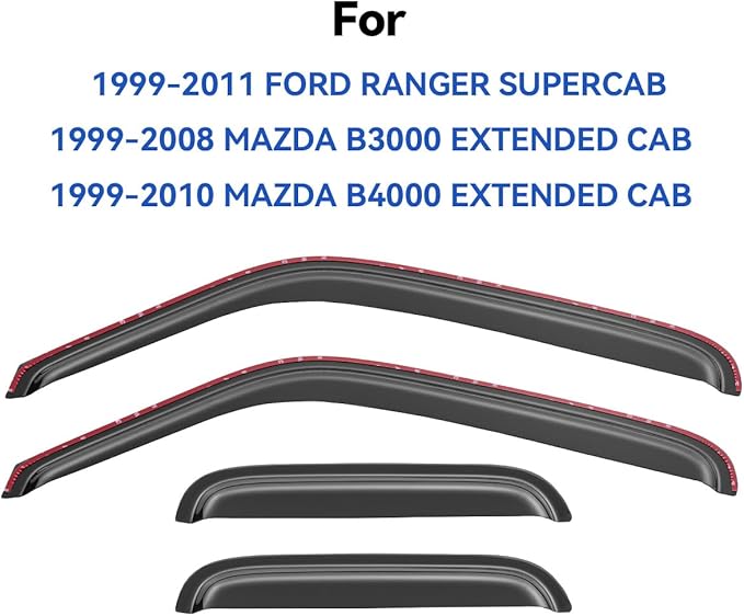 in-Channel Window Visors Rain Guards Shield for 1999-2011 Ford Ranger SuperCab, Window Vent Wind Deflectors Visors Shades for 1999-2008 Mazda B3000, 1999-2010 Mazda B4000 Extended Cab