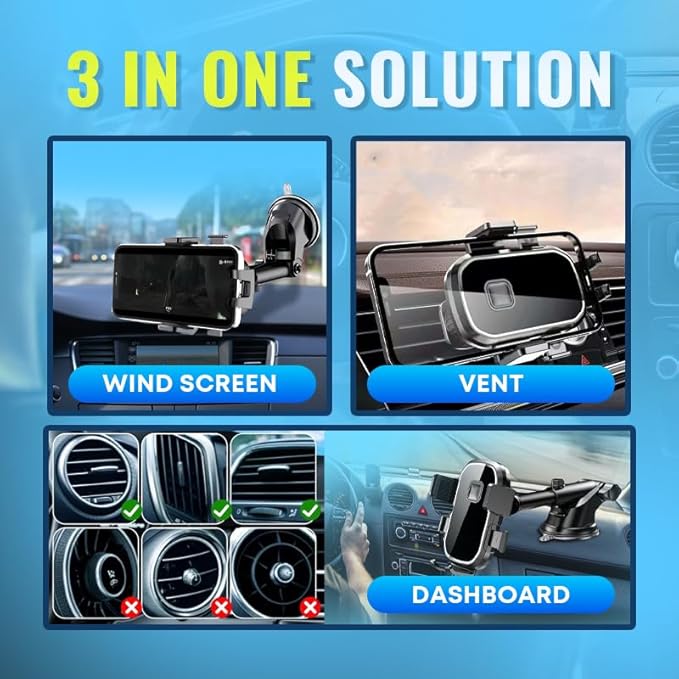 Upgraded 3-in-1 Phone Holders for Your Car, Heavy-Duty Car Phone Mount for Dashboard, Windshield & Vent, Universal Cell Phone Holder for iPhone & Android
