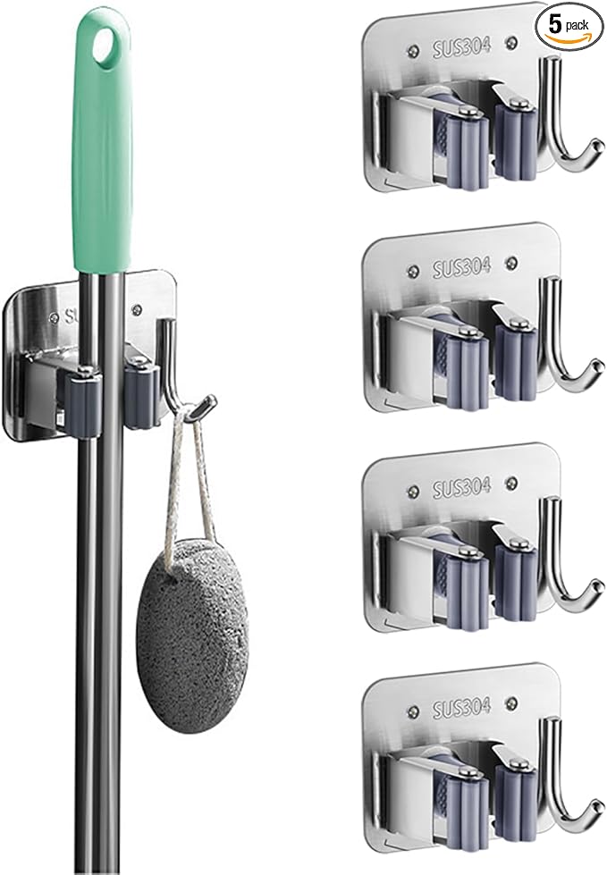 5 Pack Broom Holder Heavy Duty Stainless Steel Broom Hanger with Hooks Screw Drilling Rust Resistant Mop and Broom Holder Wall Mount for Bathroom Kitchen Laundry Room Garage - Silver