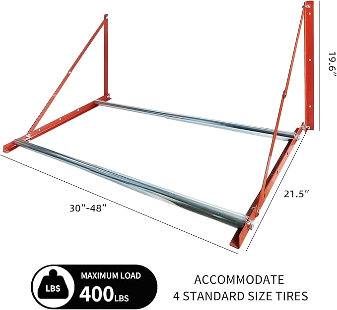 Foozet Heavy Duty Adjustable Wall Mounted Tire Rack for Garage with Telescopic Rods, Hanging Garage Tire Rack for Spare Car Wheel 420 lb.,Folding and Adjustable 30"-48" Tire Storage Rack