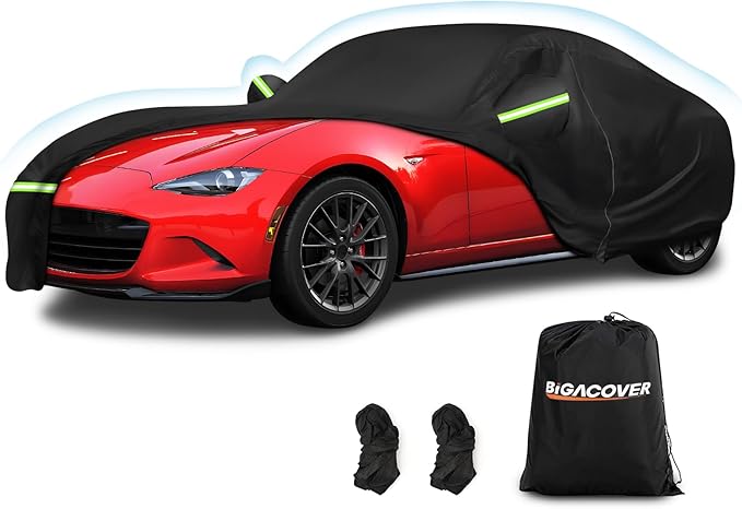 Waterproof Full Car Cover Custom Fit for Mazda Miata MX-5 1989-2023, All Weather OutdoorWindproof Heavy Duty Protection with Zipper and Soft Cotton Lining, Storage Bag(Black)