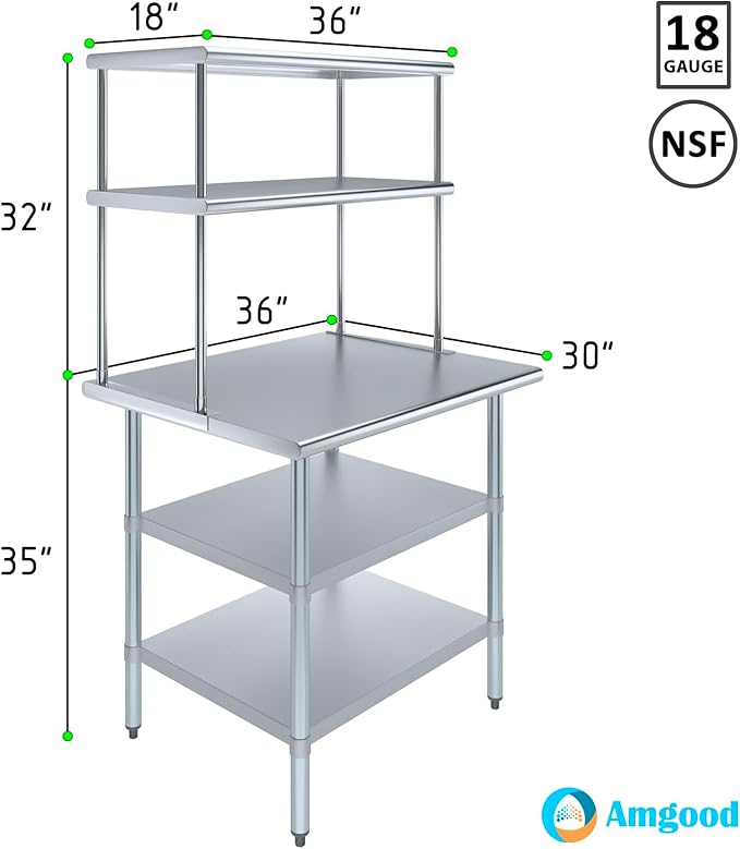Amgood Stainless Steel Work Table with 2 Shelves | Metal Kitchen Prep Table & Shelving Combo (30" x 36" Table with 2 Shelves + 18" Overshelf)