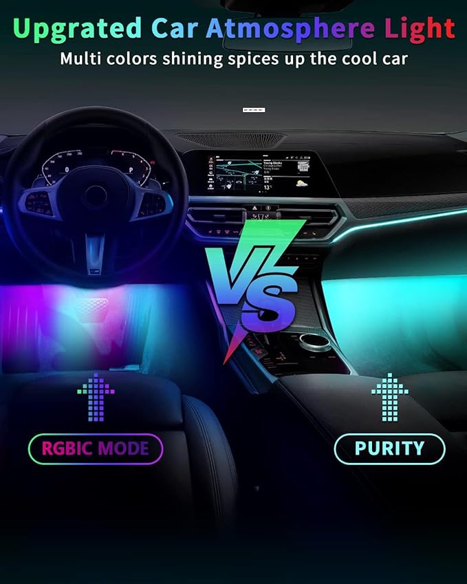 72LED USB Interior Strip Lights Dream Color RGB-IC 12V DC with App RF Remote Control Multicolor Footwell Under Dash Chasing Inside Light Kits Music Sync Mode for Cars Truck ATV UTV with Car Charger