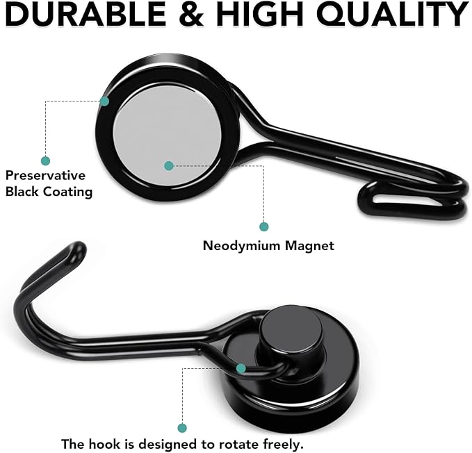 MIKEDE Magnetic Hooks, 40Lbs Heavy Duty Neodymium Magnet Hooks Black Magnetic Swivel Hooks for Hanging, 10 Pack Rust Proof Strong Magnets with Hook Metal Hanger for Fridge, Toolbox, Storage