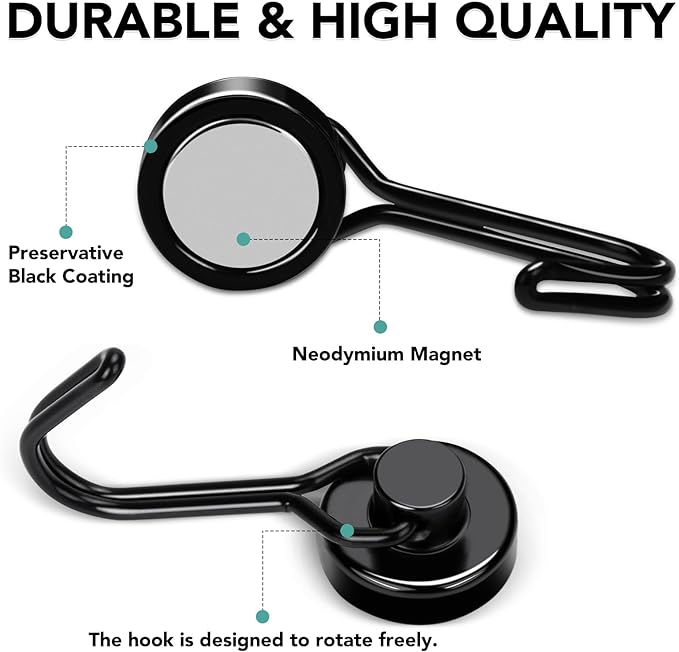 MIKEDE 12 Pack Magnetic Hooks, 40Lbs Heavy Duty Neodymium Magnet Hooks Black Magnetic Swivel Hooks for Hanging, Rust Proof Strong Magnets with Hook Magnetic Metal Hanger for Toolbox, Storage