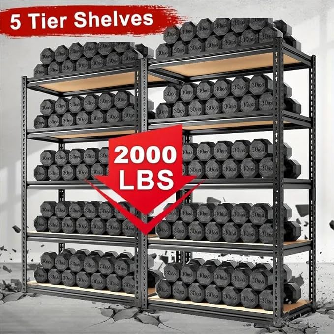 2000LBS Storage Shelves 5 Tier Garage Shelving Heavy Duty, Adjustable Metal Shelving Unit, Garage Shelves for Basement, Warehouse, Pantry, 72" H x 35.8" W x 15.8" D, Black