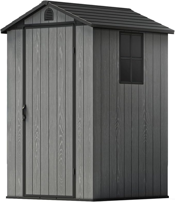 Patiowell 4' x 4' Plastic Outdoor Storage Shed with Floor, Resin Outside Tool Shed with Window and Lockable Door for Backyard Garden Patio Lawn, Gray (Fit-it Shed)
