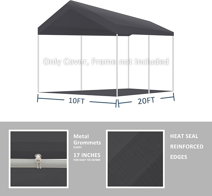 10' x 20' Upgraded Carport Replacement Canopy Cover Grey for Car Garage Shelter Party Tent Top Tarp with Ball Bungees (Only Top Cover, Frame is not Included)