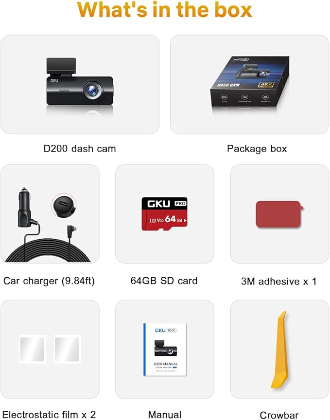 GKU 4K Dash Cam,Dash Cam Front with UHD 2160P, DashCam Built-in WiFi, 24H Parking Monitor,Night Vision,WDR,170° Wide Angle,Loop Recording,G-Sensor,DashCam Includes 64GB Card (Black)