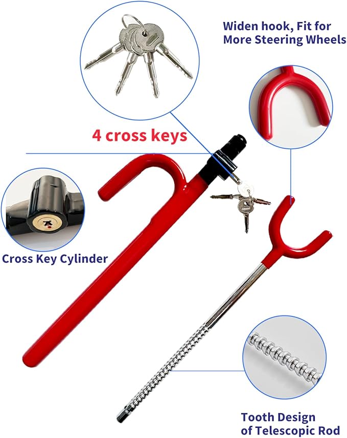 Steering Wheel Lock Anti-Theft Car Device Car Wheel Locks Heavy Duty Vehicle Security Steering Wheel Lock for Truck Car Vehicles Van Lorry SUV with 4 Keys, Elongated Length MAX 30.5“ Red