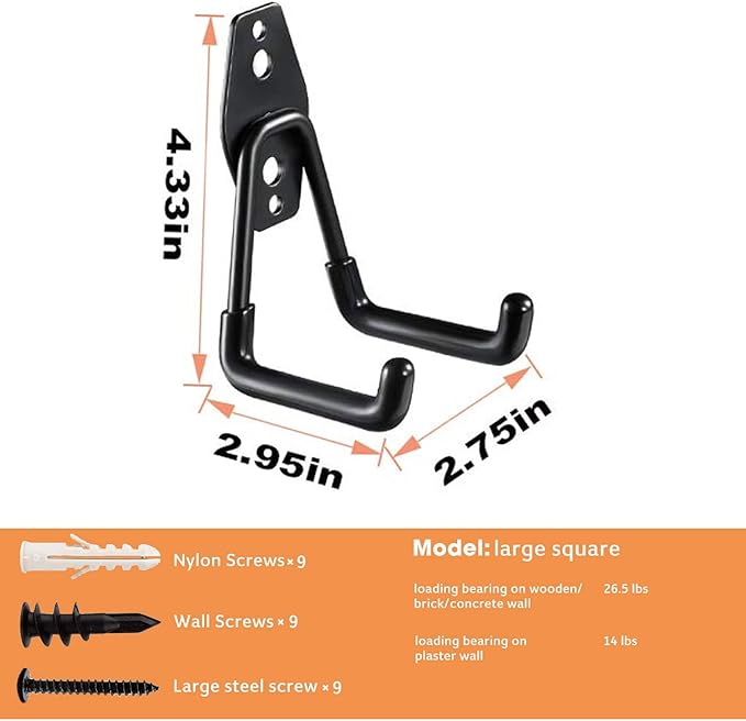 Garage Storage Utility Hooks - 2.8 Inch Wall Mount Hanging Hook, Tool Organizer, Heavy Duty Double Hook