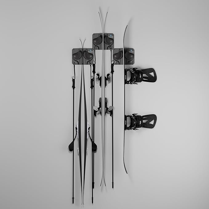 Ultimate Ski & Snowboard Wall Storage Rack - Fits any Ski or Snowboard - Save Your Rocker, Tips and Tails - Damage-free - 3x - Black