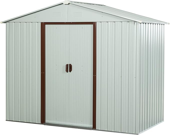 6x5 FT Outdoor Storage Shed, Metal Garden Shed with Frame Floor, Outside Tool Shed with Lockable Sliding Doors, Waterproof Storage Building with Sloped Roof for Backyard, Patio, Lawn, White