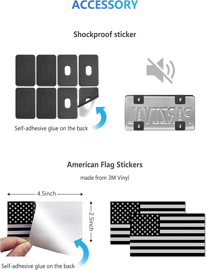 American Flag License Plate Frames - 2 Pack Black Stainless Steel Front Rear Car Tag Frames Printed with Patriotic USA Flag Pattern, with Decals Screws Caps