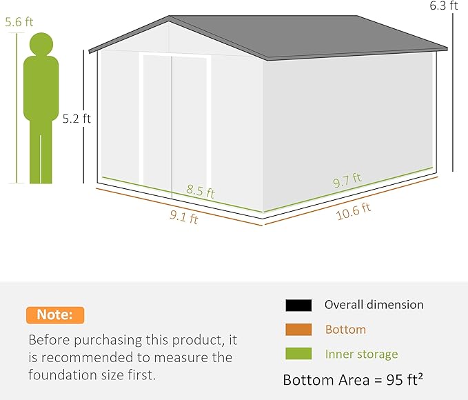 Outsunny 11' x 9' Outdoor Storage Shed, Garden Tool Metal Shed with Foundation Kit, Double Lockable Door, Air Vents and Sloping Roof, for Backyard, Patio, Lawn, Silver
