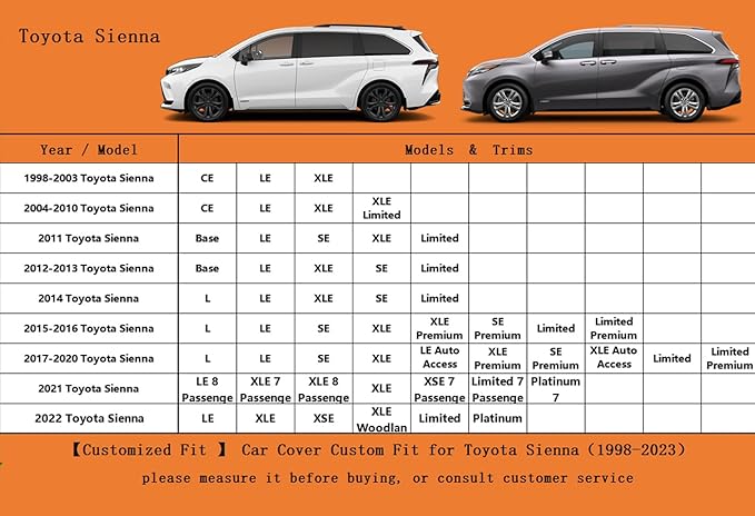 Kayme 6 Layers Car Cover Custom Fit for Toyota Sienna (1997-2025) Waterproof All Weather for Automobiles, Outdoor Full Cover Rain Sun UV Protection.Silver