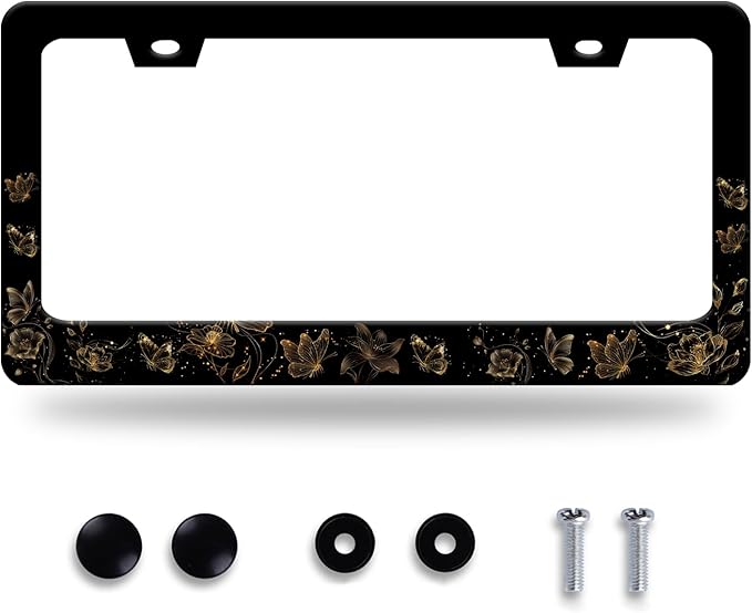 Butterfly License Plate Frame Golden Butterflies License Plate Stainless Steel Funny License Plate Holder for Men Women Universal Colorful Car Accessories Decoration 12.3" x 6.3"