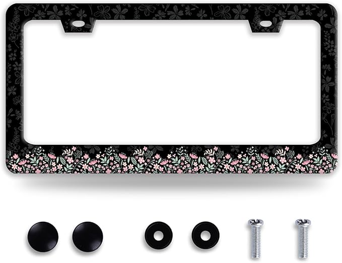 Cute Pink Flowers License Plate Frame Colorful Floral License Plate Frames Funny Auto Accessories Stainless Steel License Plate Holder 6x12 Inch