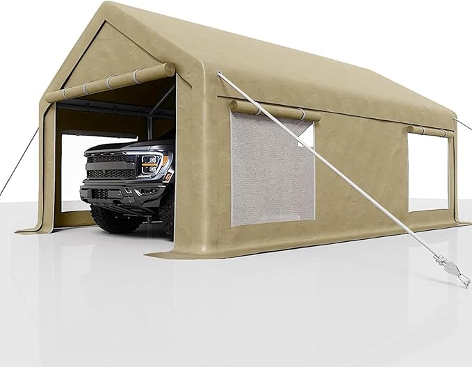 10 x 20ft Heavy-Duty Carport with Roll-Up Windows & Removable Sidewalls & Doors Thickened Wind Ropes, Ground Nails, Portable Car Tent Garage for Cars, Trucks, Boats, 180G Durable Tarp Cover,Yellow