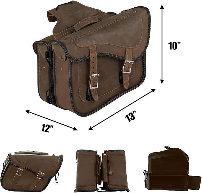 GARGOYLE BELLS Motorcycle Saddle Bags Genuine Leather Motorcycle Luggage Bag For Softails Sportsters and Choppers (No Stud, Brown, 13”x13“x10”)