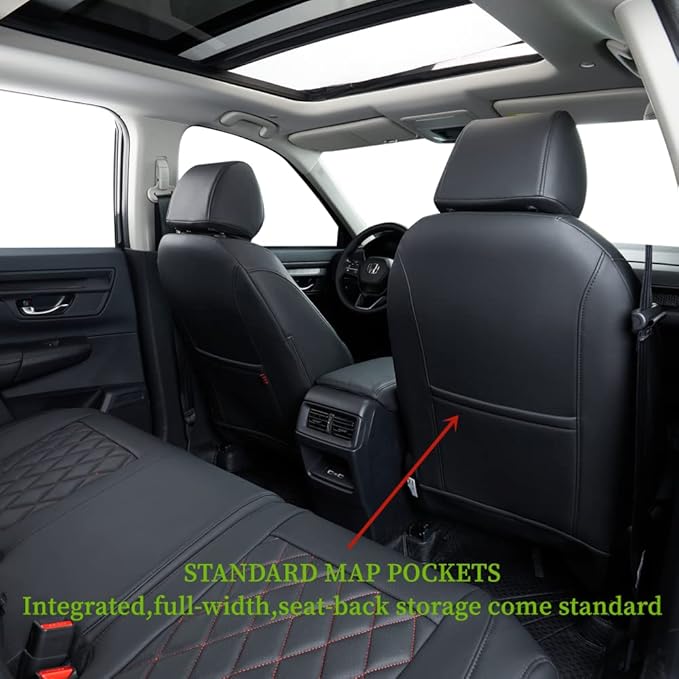 coverdream CRV Leather Seat Covers for 2023-2025 2026 Honda CRV LX,EX,EX-L,Sport Series,Hybrid,Fully Covered,Airbag Compatible Waterproof Car Seat Protector (Full Set,Black/Red)