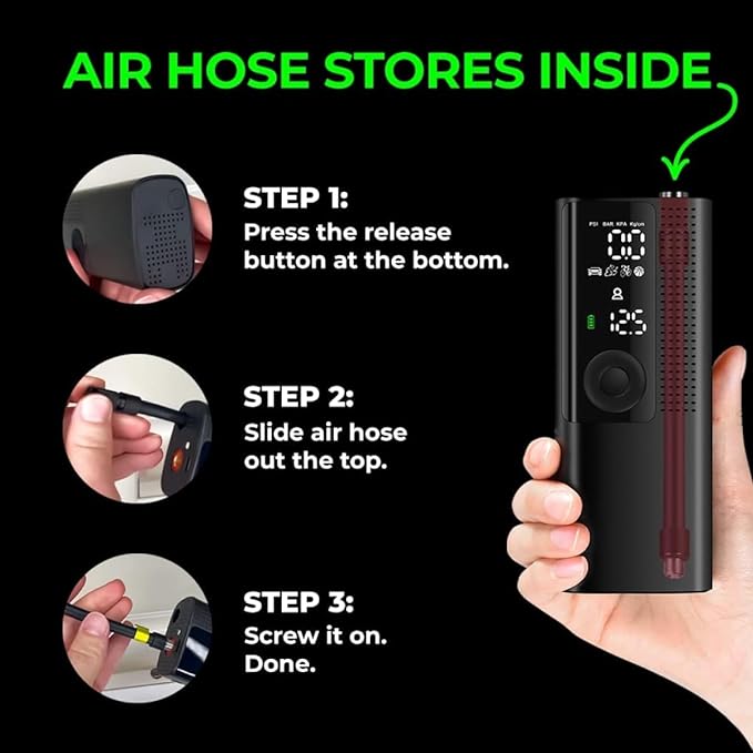 Airmoto Tire Inflator Portable Air Compressor - Air Pump For Car Tires with Digital Pressure Gauge, LED Light and Auto Shut-Off Function - Cordless Pump for Car, Motorcycle, Bicycle, Balls and More