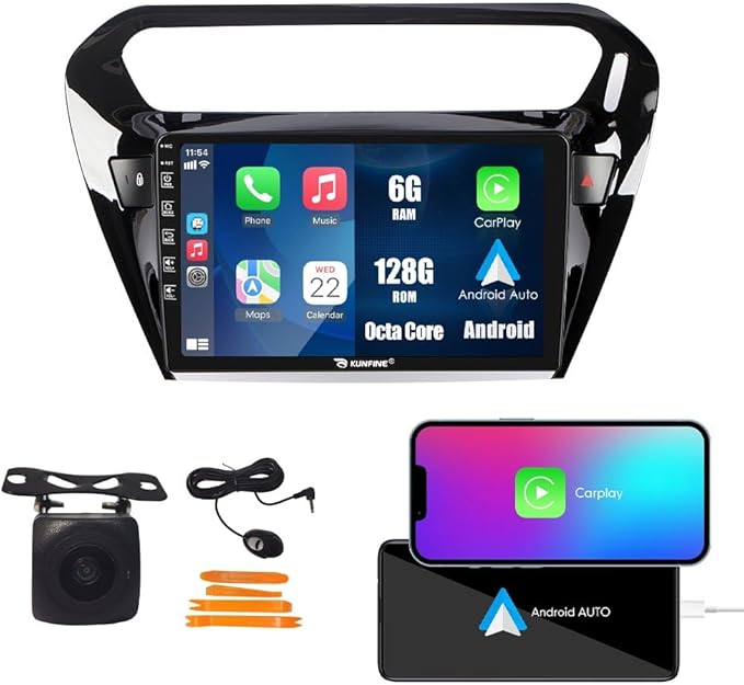 Kunfine Car CarPlay Android Auto Navigation Stereo GPS Radio Reverse Camera Display 9" IPS Touchscreen Headunit Tablet Media Player for Peugeot 301 13-22, if Applicable Octa Core 6G+128G Gloss Black