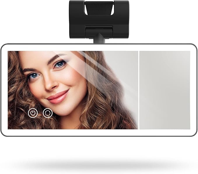 Car Sun Visor Vanity Mirror with Dimmable Led Light, Rechargeable 360° Adjustable Angle Rearview Big Makeup Mirror For Truck SUV, Rectangular, Black