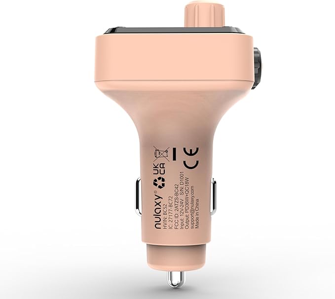 Nulaxy 54W Bluetooth 5.3 Car Adapter with 4 Charging Ports [PD 36W & QC3.0 18W], Wireless Radio FM Transmitter with Deep Bass Player & 5 Colors LED Backlit, Hands-Free Calling - Pink