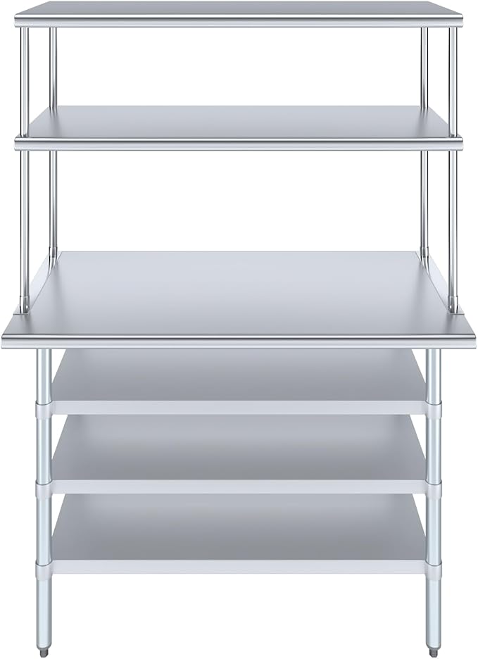 Amgood 24" x 48 Stainless Steel Work Table with 3 Shelves and 18" Wide Double Tier Overshelf | Metal Kitchen Prep Table & Shelving Combo | NSF