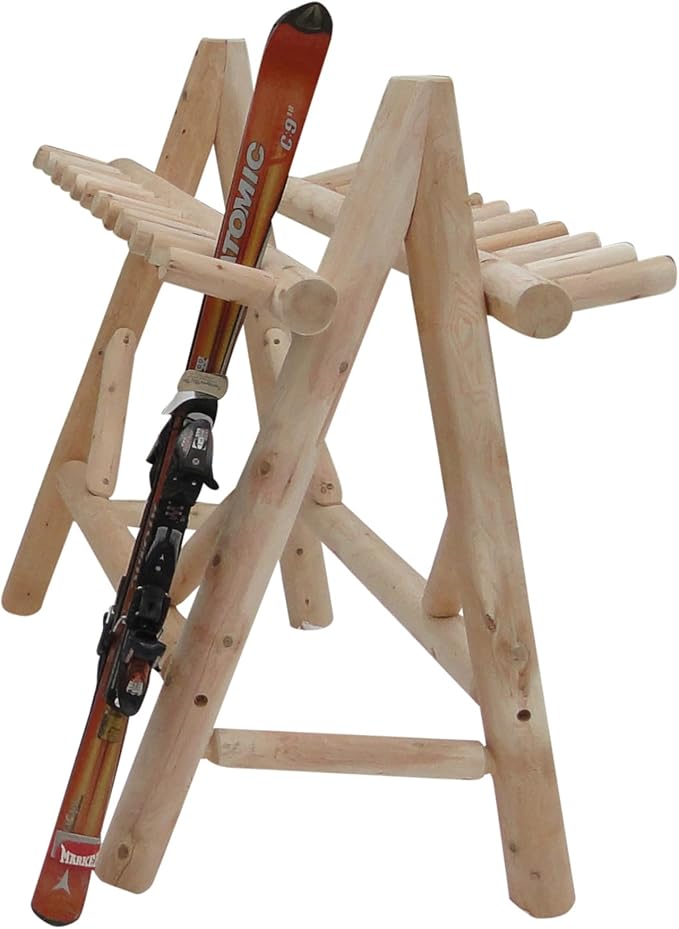 13-Place Freestanding Log Ski Rack Holder, Indoor & Outdoor Snowboard Racks, Standing Storage, Garage Racks for Snow Skis & Poles, Snowboard Rack Garage Storage Organizer-Canyon Brown + 15" Anchor Kit