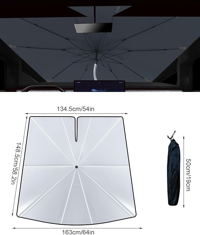 helloleiboo [2025 Upgrade] Car Windshield Sun Shade for Tesla Cybertruck-Foldable Windshield Sun Shade 64 * 58-Reflects UV Automotive Interior Sun Protection Easy to Use/Store