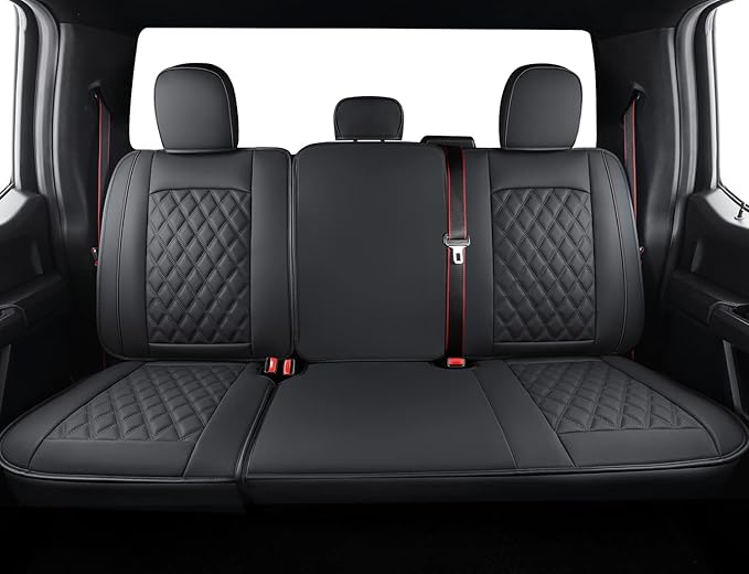LUCKYMAN CLUB F150 Faux Leather Seat Covers Fit for 2015-2024 2025 F150 SuperCrew and 2017-2025 F250 F350 F450 Super Duty Crew Cab Pickup Trucks(Rear,Black)