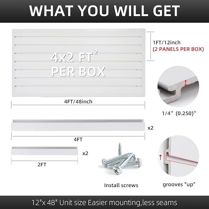 Slatwall Panel Garage Organizer, Heavy Duty Wall Mounted PVC Slat Wall Panels, Tool Organization Peg Board 4ft x 2ft (White)