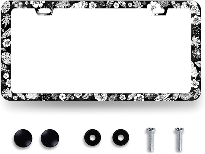 Tropical Flowers Leaves License Plate Frame Hawaiian Hibicus License Plate Holder Stainless Steel Front and Rear Car Tags Auto Parts Colorful License Plate Women Decoration with Screws 12.2" x 6.2"
