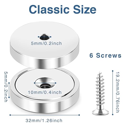 MIKEDE Strong Magnets Heavy Duty, 110LB Neodymium Cup Magnets with Countersunk Hole, Stainless Screw for Wall Mounting, Rare Earth Round Base Disc 1.26" D x 0.2" H - 10 Pack