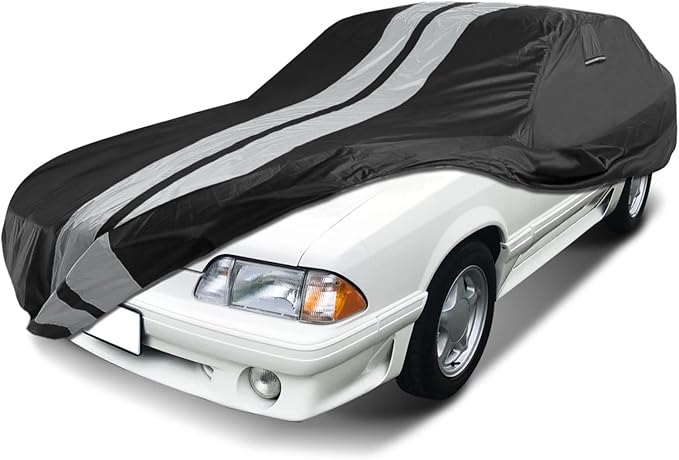 iCarCover Custom Car Cover Compatible with Mustang 1979-2004, Waterproof All Weather Rain Snow UV Sun Protector Full Exterior Indoor Outdoor Car Covers, Stripe (Black/Gray)