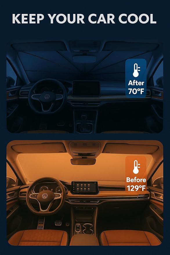 Proadsy Windshield Sun Shade Umbrella for Volkswagen Tiguan 2024-2025 2026 Foldable Car Umbrella Sunshade with Soft TPU Handle Spring Structure Crystal Cooling Material Protect Car from Rays & Heat