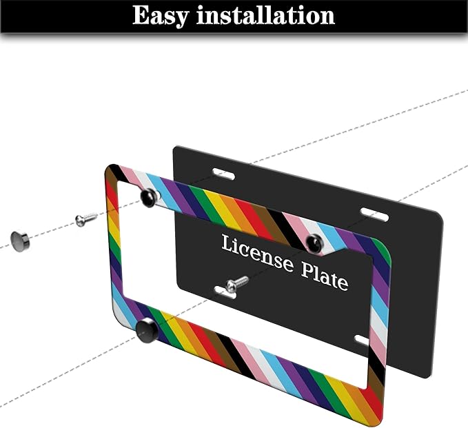 License Plate Frames Rainbow Front License Plate Bracket Rainbow Pride Flag Universal Aluminum Car Accessory 2 Pack with Screw Covers Set