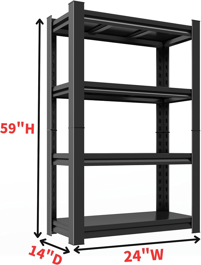 Garage Shelving Unit, Heavy Duty 4-Tier Adjustable Storage Shelf, Steel Shelving,2000 lbs Capacity, Industrial Shelves for Heavy Tools and Equipment, 59" H x 24" W x 14" D,Black