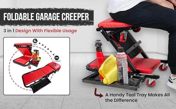 40" Mechanics Creeper Z fold with Side Tool Tray, 3 in 1 Low Profile,7pc-2.5" (360°) Swivel castors, Heavy Duty 450lb Laying Capacity 300lbs Seated, Home and Garage,