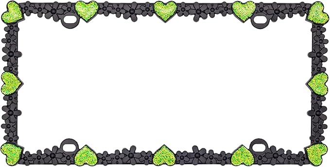 Creathome 3D Shining Daisy Heart License Plate Frame from Pure Zinc Alloy Metal Perfect Plate Holder, Matt Black with Green Glitter, Luminously Heart