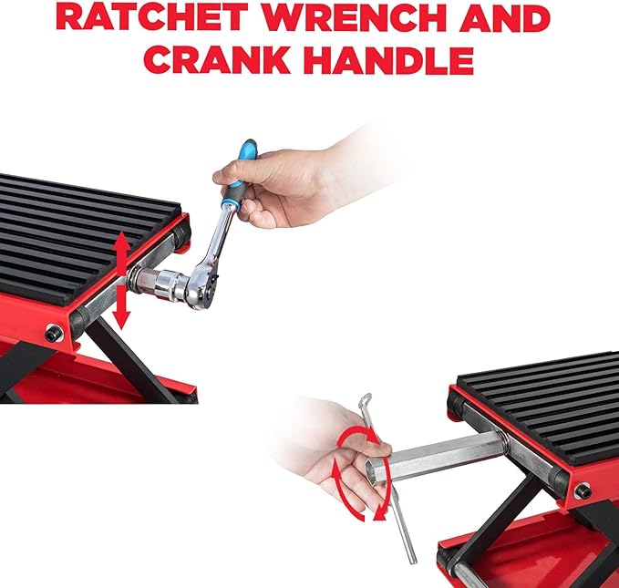 CXRCY 1200 LBS Motorcycle Lift Scissor Jack Upgraded Dirt Bike ATV Steel Motorcycle Hoist Stand with Ratchet Wrench,Crank Handle,Thickened Rubber Pad,Wide Deck