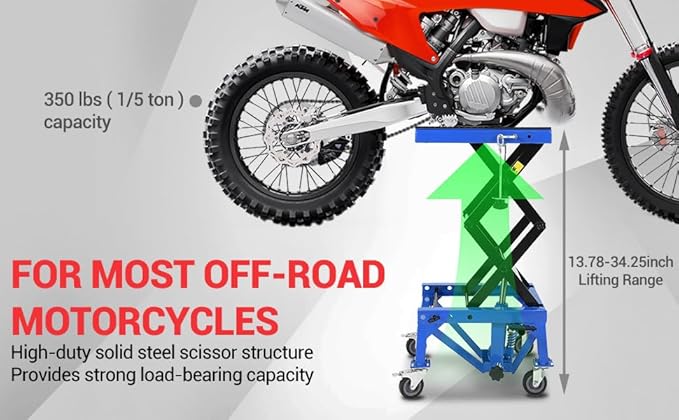 Hydraulic 350LBS Motorcycle Lift Jack - Foot-Pump Scissor Lift Table with Safety Lock, Wheels & Oil Drain Hole - Height Adjustable 13.78-34.25" for ATV, Dirt Bike, Cruiser Maintenance