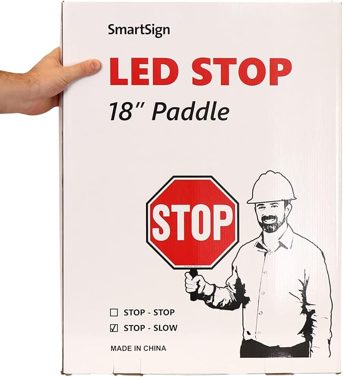 SmartSign LED STOP SLOW Paddle - Reflective Hand Held Stop Slow Sign with Handle, 18" Double-Sided, Steady/Flashing LED Light Modes, Rechargeable, Pack of 1