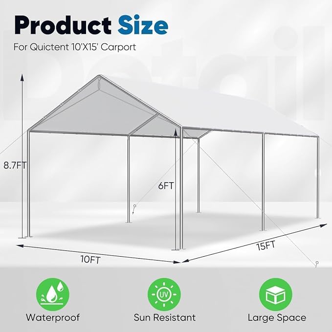 Quictent 10x15 ft Heavy Duty Car Canopy Galvanized Frame Carport Outdoor Party Tent Boat Shelter with 3 Reinforced Steel Cables - White