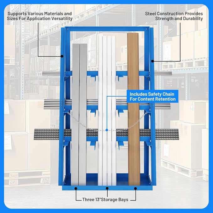 Yeeoy Steel Vertical Bar Rack, Lumber Storage Rack with Safety Chain, Heavy Duty Long Parts Storage Rack, Pipe Organizer Shelf for Garage Workshop Factory, 3000 LB Capacity, Blue